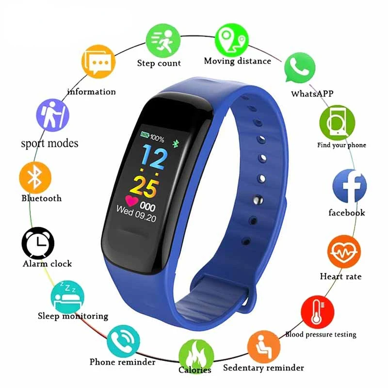 

C1plus Smart Bracelet Color Screen Sports Bracelet Pedometer Heart Rate Blood Pressure Call Message Reminder Smartwatch