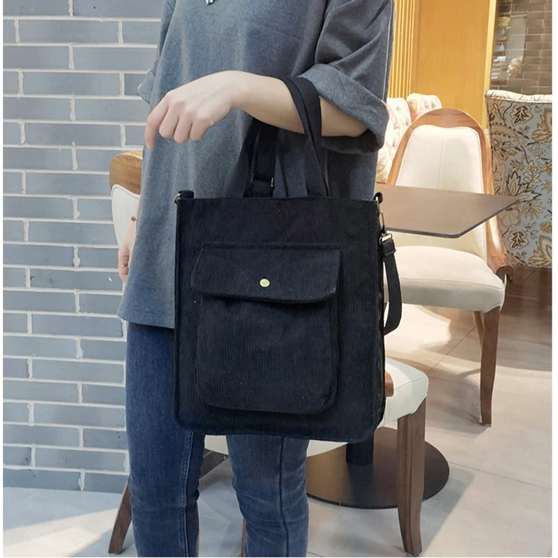 

High Capacity Women Corduroy Tote Ladies Casual Shoulder Bag Foldable Reusable Shopping Beach Bag Zipper Girls Student Bookbag