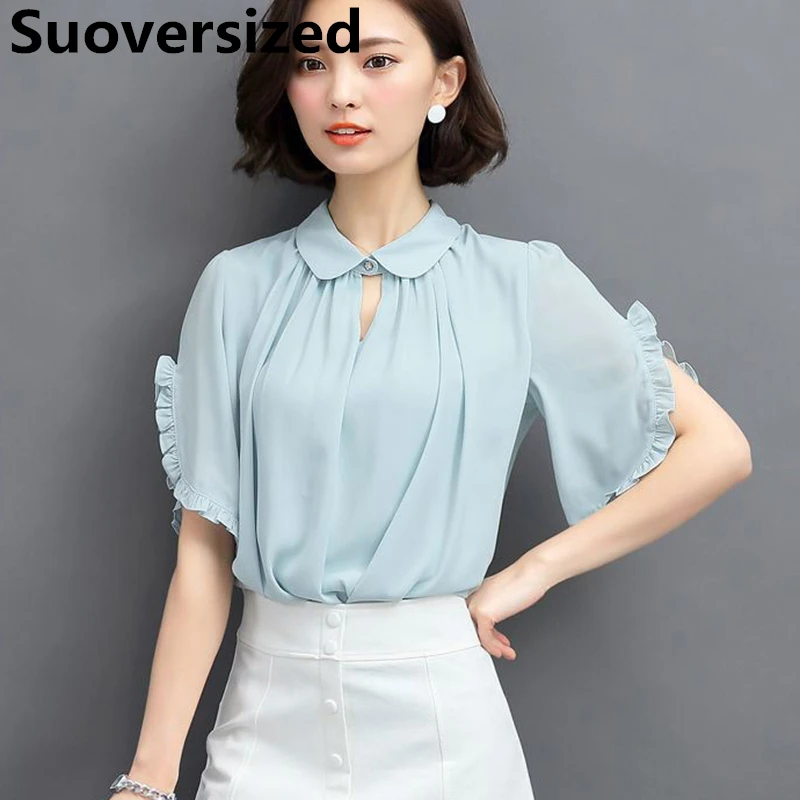 

Женская шифоновая блузка с коротким рукавом, с оборками