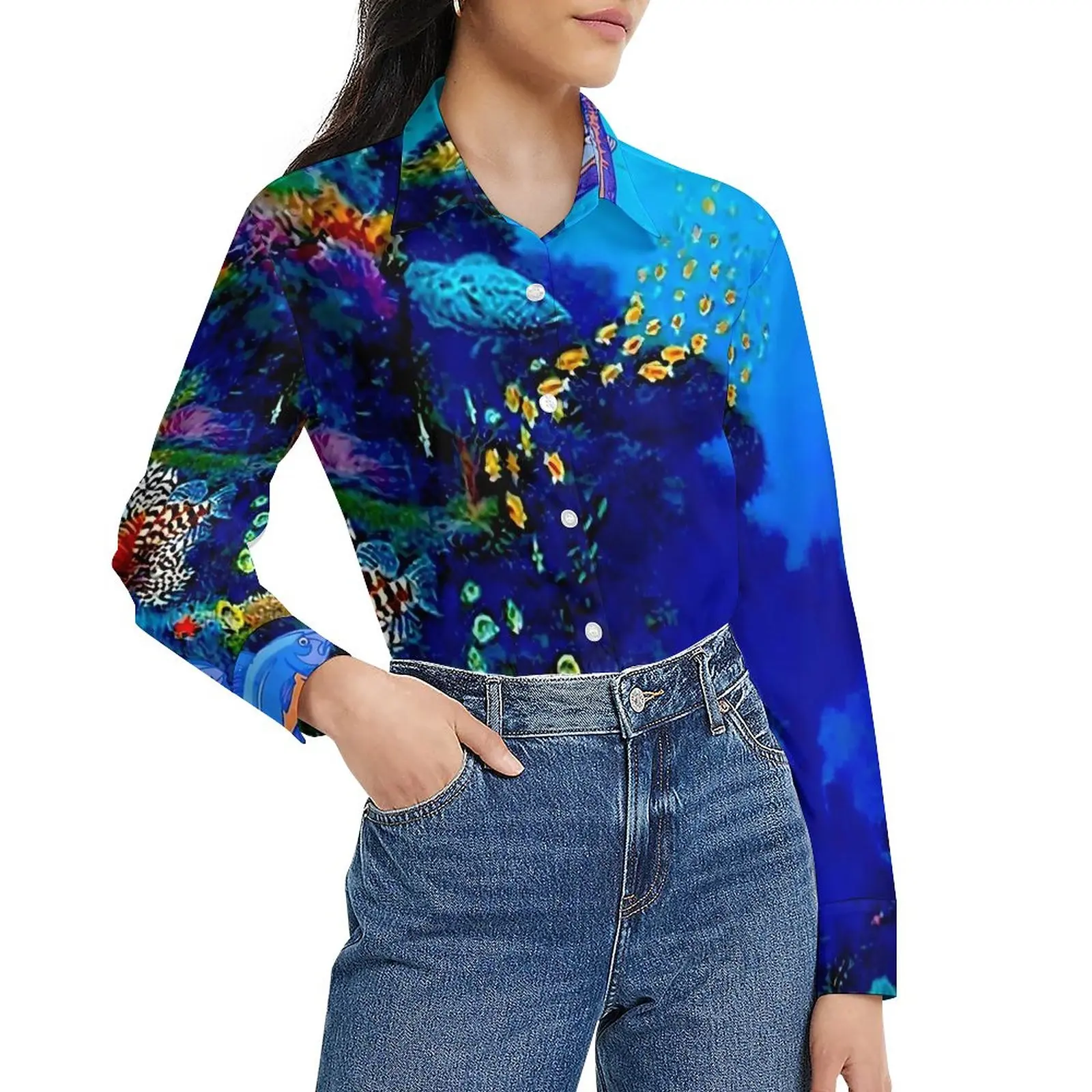 

Блузка женская с длинным рукавом, свободная рубашка с графическим принтом, в уличном стиле, в тропическом стиле, цвет темно-синий, большие ра...