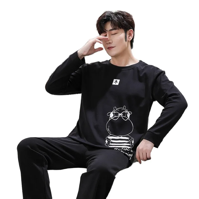 QUHENG Cotton Autumn And Winter Men's Round Neck Long-sleeved Suit Youth Cartoon Calf Alphabet Simple 2-pieces Cartoon Sleepwear