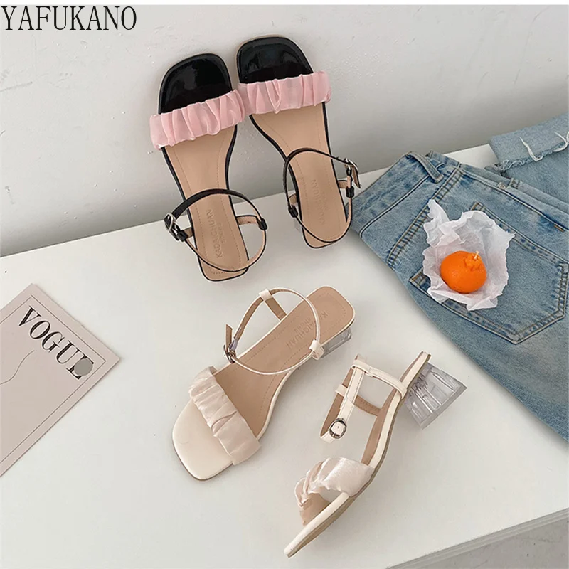 

Elegant Fairy Style Pleated Detail Chunky Heeled Ankle Strap Pumps Summer New Temperament Womens Shoes Party Dress High Heels