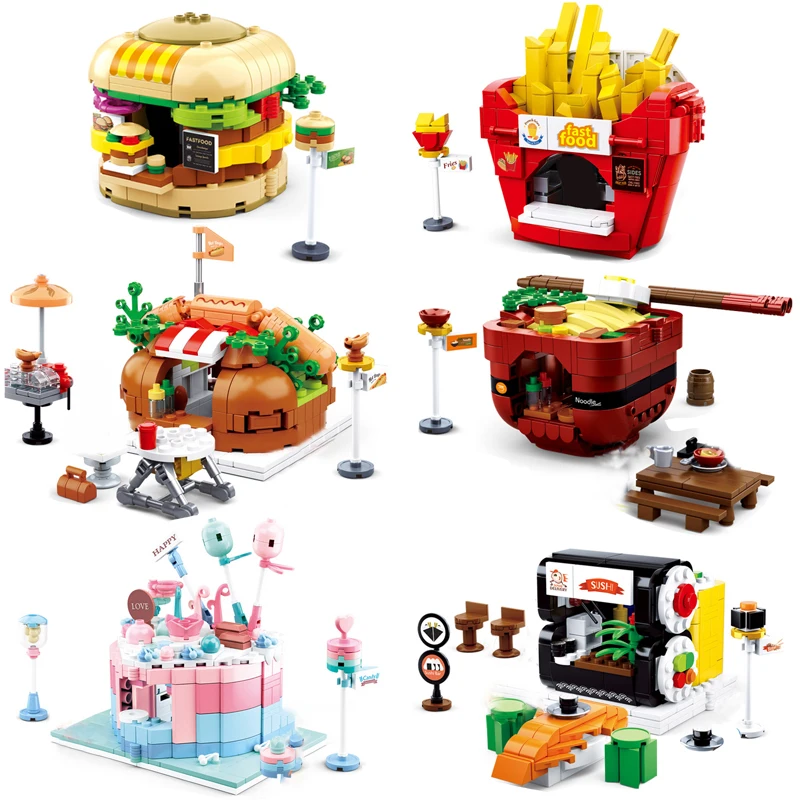 Модель серии MOC Street View City гамбургер торт ресторан розничный магазин креативная