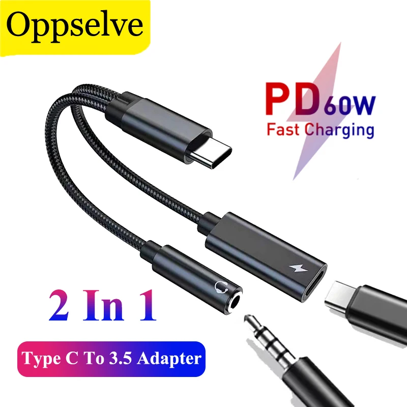 

PD 60W 2 In 1 Type C To 3.5 Jack Aux USB C Charge Cable Headphone Audio Adapter 3.5 Jack Converter For iPad Samsung S22 S21 POCO