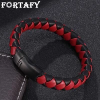 fortafy jewelry mannen sieraden black red braided leather bracelet male steel magnetic clasp man bracelete punk bangles fr0028