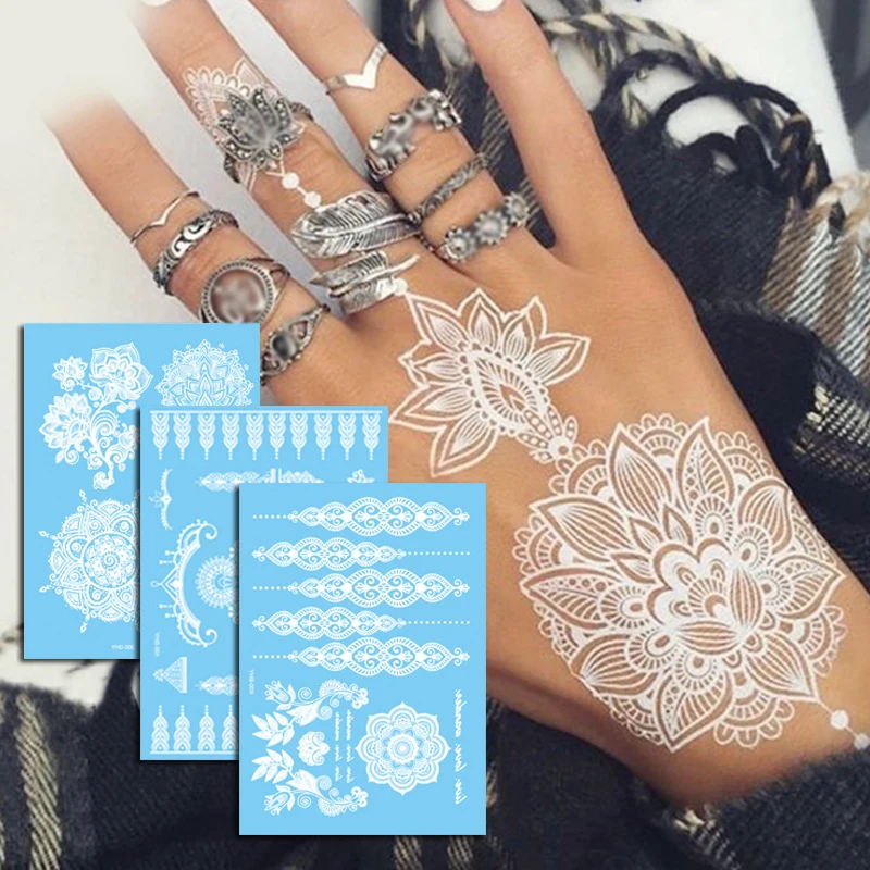 

White Henna Temporary Tattoo Stickers Mandala Flower Tattoos Hand Arm Bracelet Anklet Waterproof Tattoos for Women Party