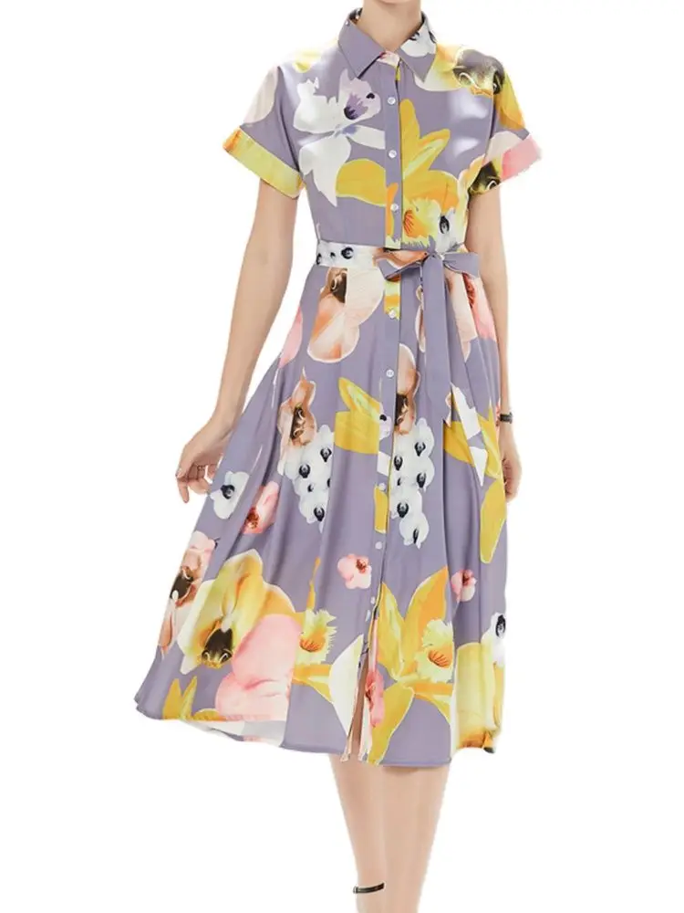 

Элегантное платье 2022, летняя новая однобортная рубашка с принтом, тонкая юбка, платье с коротким рукавом, модная женская одежда