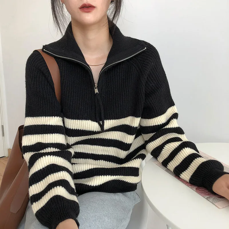 

Wholesale Women Long Sleeve Knitted Sweater New Striped Hooded T Shirts Tops Tee Fashion Clothing for Ladies Zipper Autumn