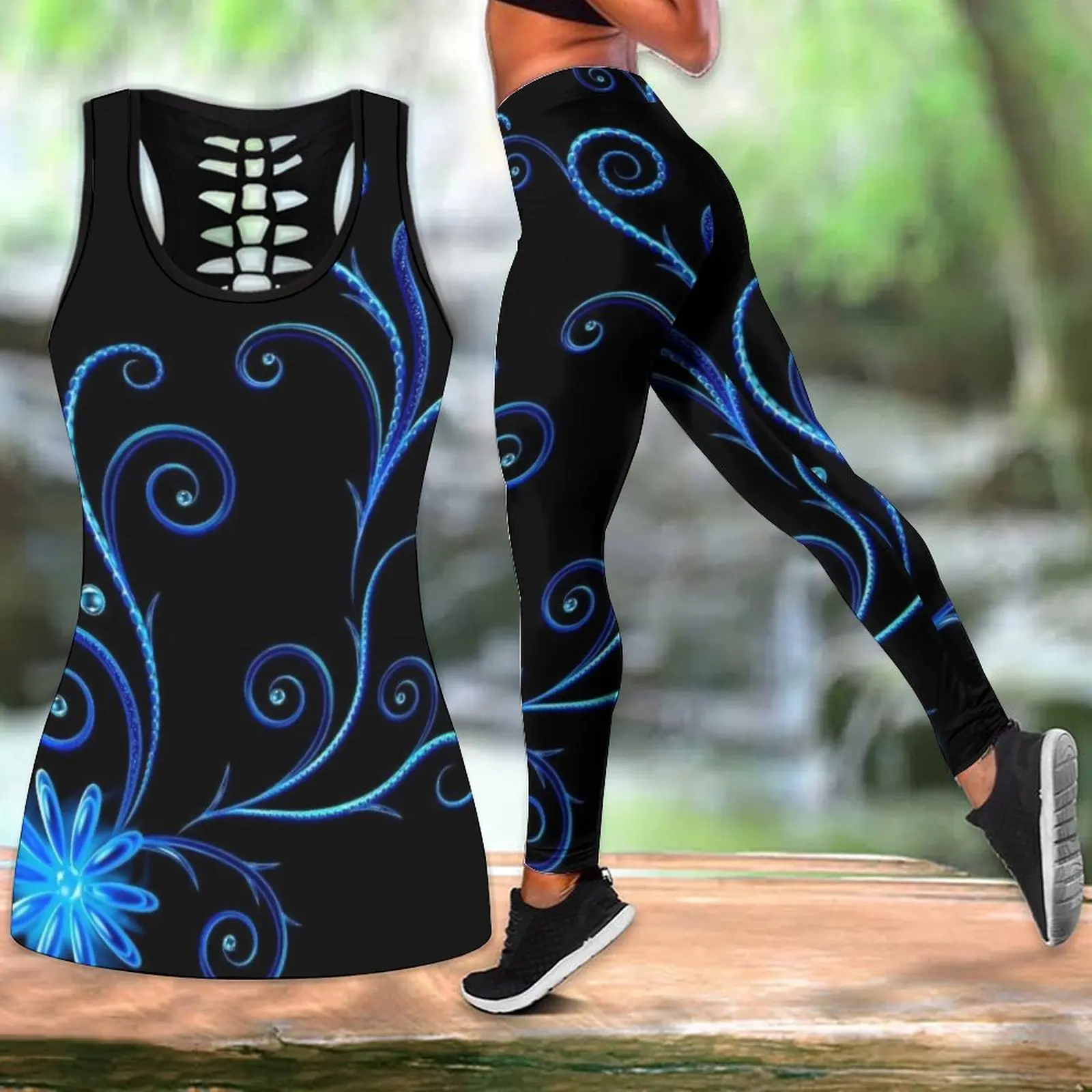 

Summer Fashion Sport Vest Suits Leaves Lines Shiny Print Sportswear Yoga Set XS-8XL