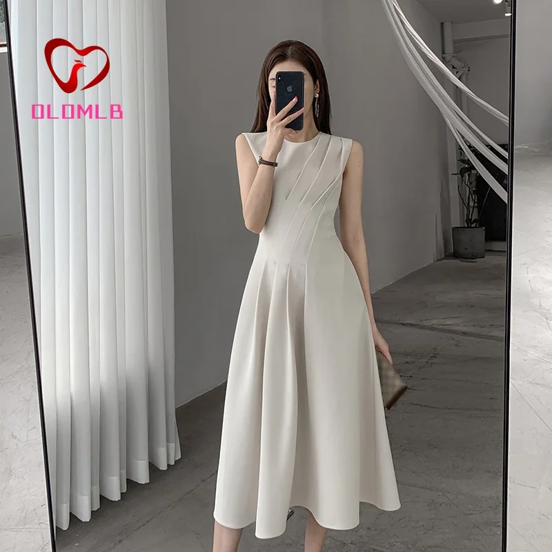 

Spring Summer Elegant Casual Midi Women's White Dress Sleeveless Sexy A-Line Party Sundress Fashion Vintage Female Clothings