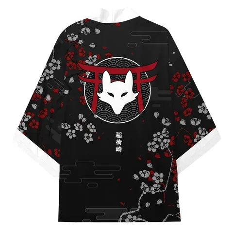 Кардиган-кимоно в японском стиле для мужчин и женщин, хаори с цветочным принтом лисы, уличная одежда, рубашка, японский халат, аниме одежда 4XL