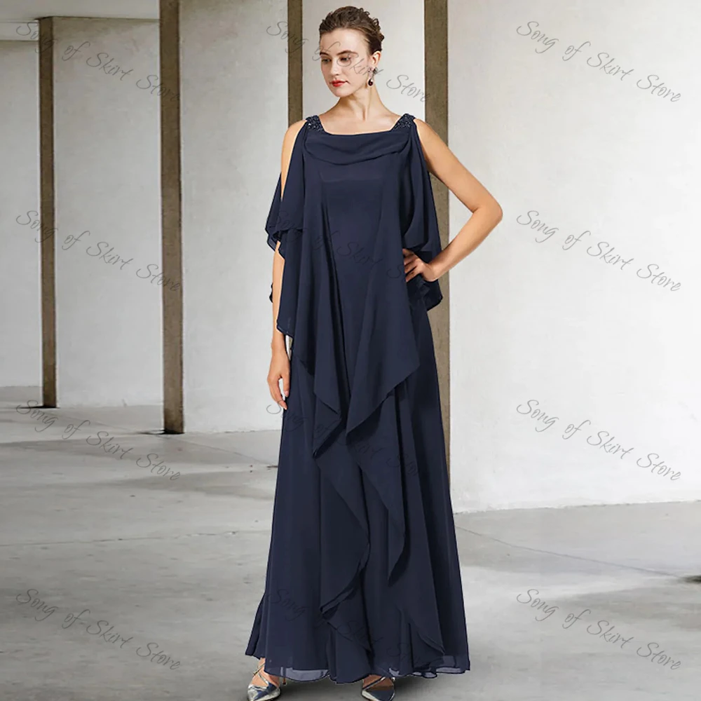 Индивидуальное темно-синее шифоновое платье для матери невесты простое