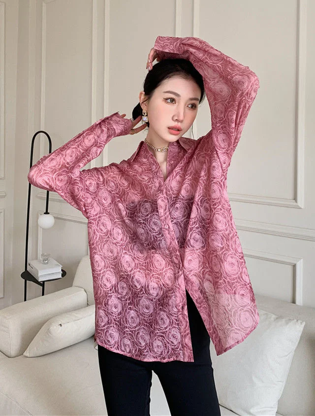 

Слегка прозрачные тисненые розовые рубашки с цветами женская блузка Весна-лето