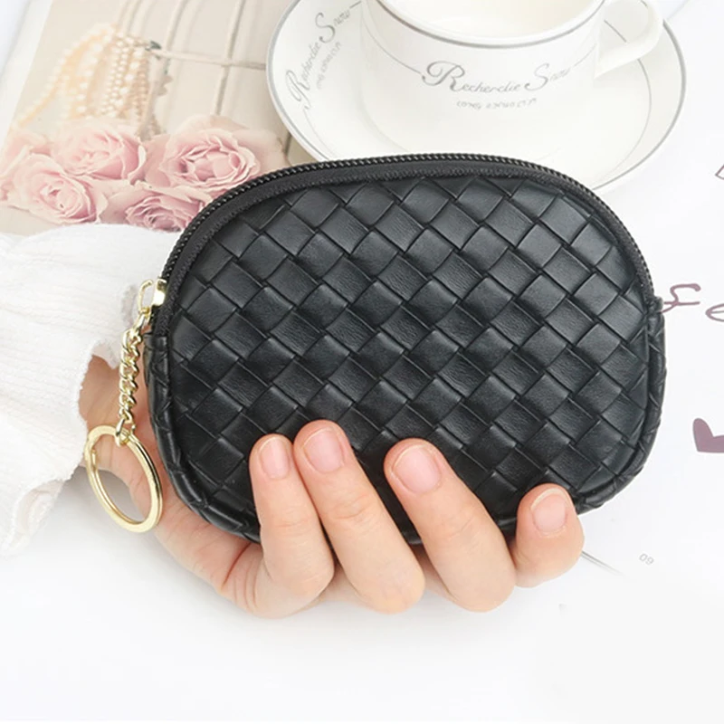 

Women Short Wallets PU Leather Female Woven Purses Card Holder Wallet Fashion Woman Small Zipper Wallet With Keychain Coin Purse