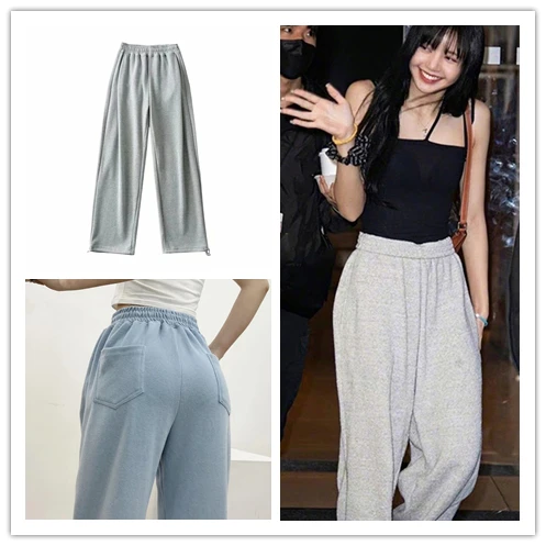 

Kpop LISA Spring Autumn Elastic Sweatpants Loose Gray Wide Leg Pants Women Korean Streetwear Casual Drawstring Straight Trousers