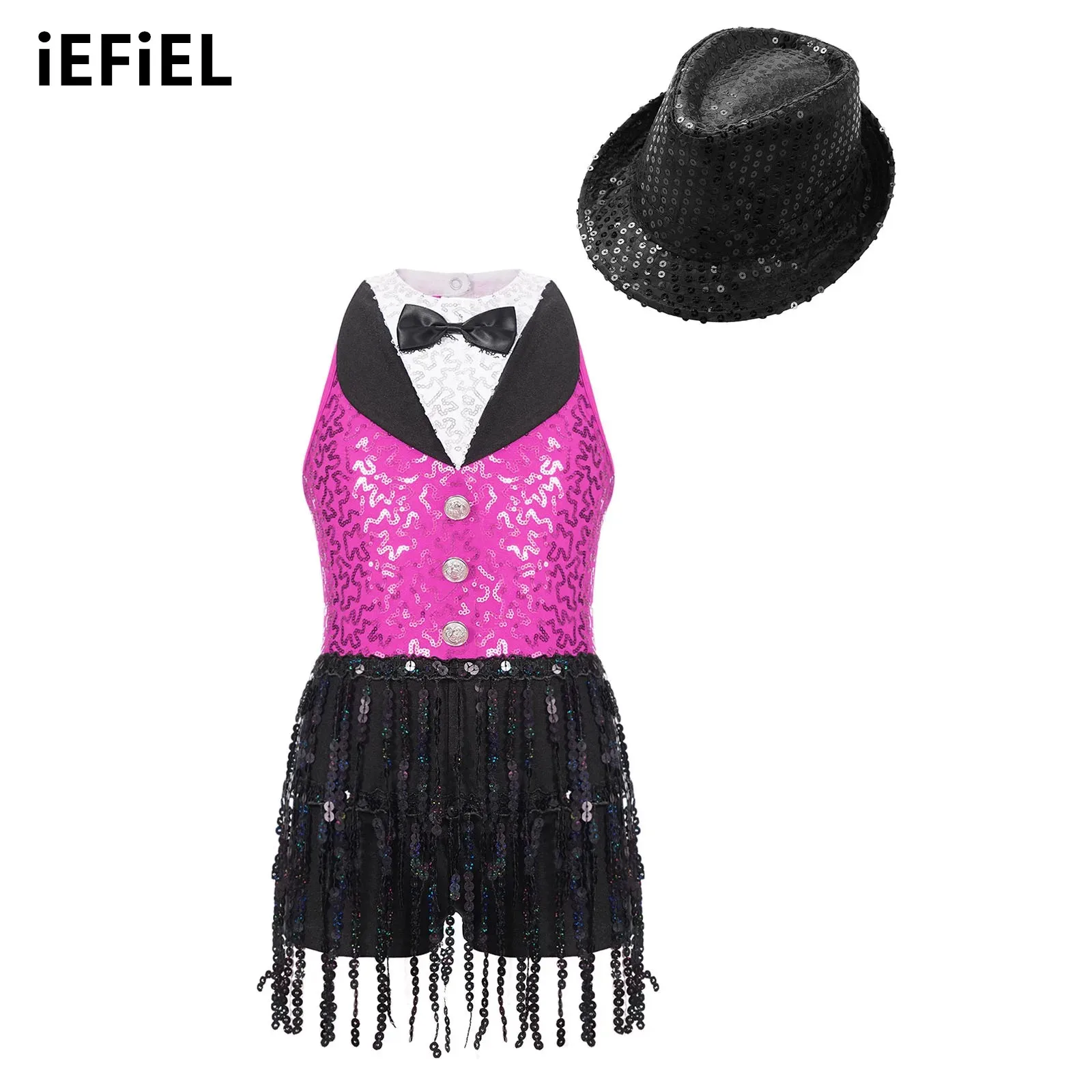

Kids Girls Sequin Dance Set Sleeveless Round Neck Sequin Keyhole Back Jumpsuit with Hat for Jazz Performance Competition