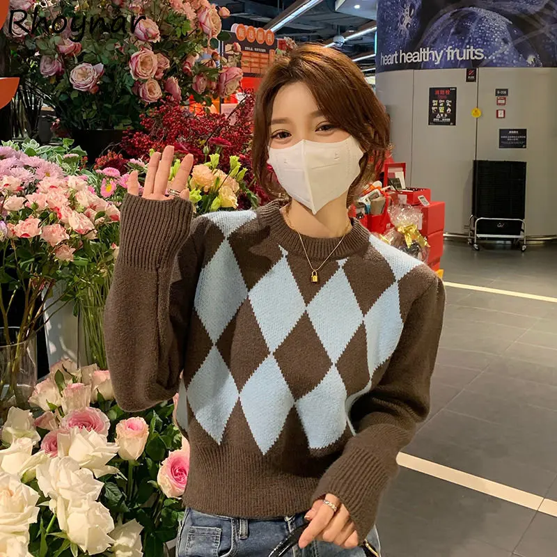 

Женский осенний свитер в стиле ретро, облегающие вязаные пуловеры в стиле Харадзюку С Длинным Рукавом и ромбовидным узором для студентов, новое поступление