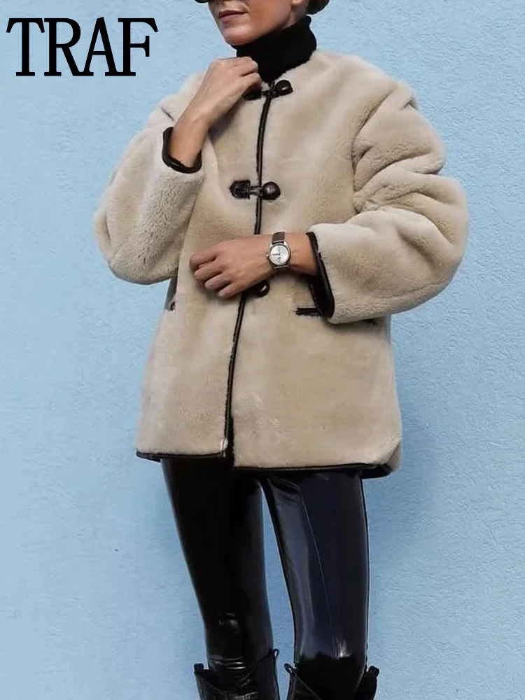 

TRAF Women Fleece Jacket Parkas Faux Woolen Heavy Jackets Long Sleeve Windbreak Winter Woman Coat 2022 Very Warm Teddy Coats