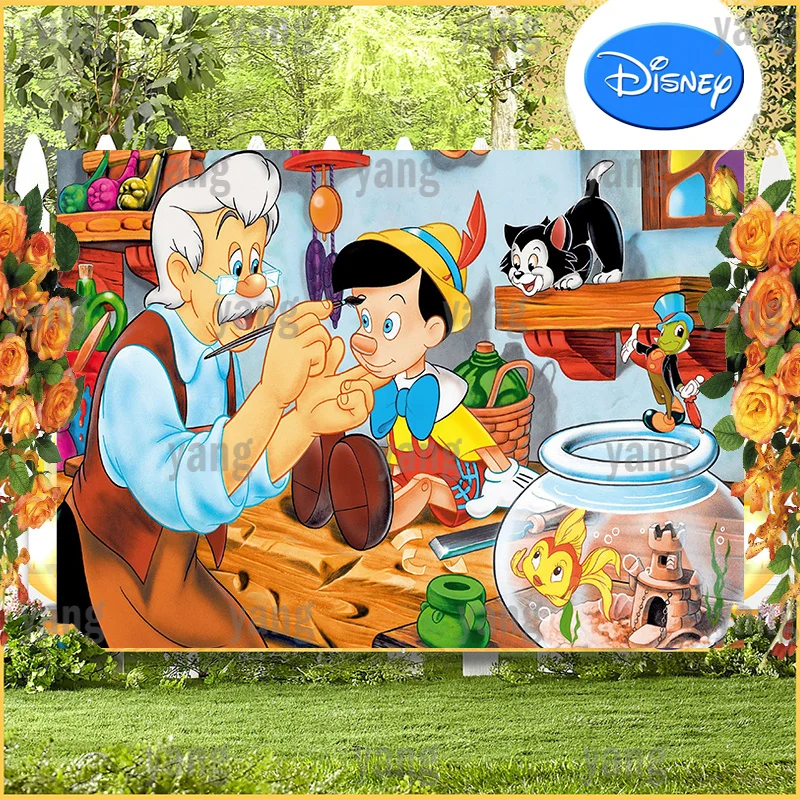 Disney Cartoon Cute Pinocchio and Grandpa Carpenter Backgrounds Banner Birthday Party Decoration Baby Shower Work Room Backdrop