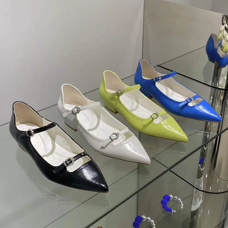 

2022 Spring New Women Flats Yellow Shallow Slides Pointed Toe Rhinestone Buckle Slip On Ladies Elegant Dress Shoes Ballte Sho