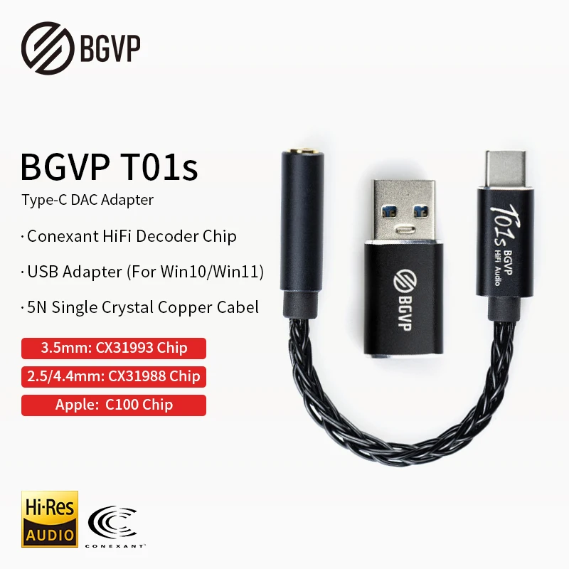 

BGVP T01s USB DAC AMP Adapter Type-C to 3.5mm Audio Cable CX31993 Chip Headphone Amplifier HIFI Digital Converter Android Apple