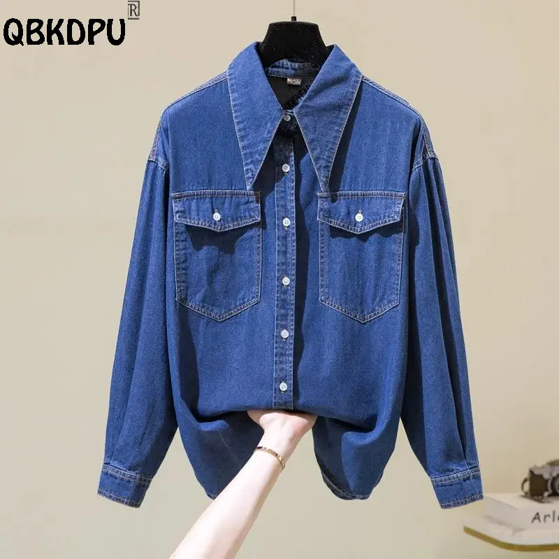 

Design Pointed Collar Denim Blouses Fashion Loose Oversize Women Jean Shirt Basic Spring Top Single Breasted Long Sleeves Blusas