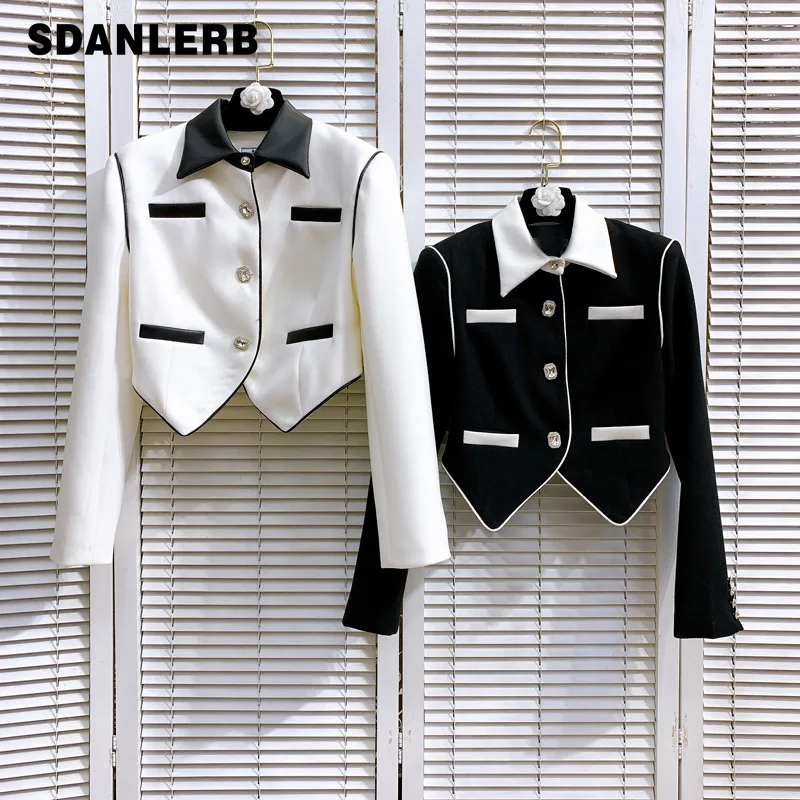 

Fall 2022 PU Leather Stitching Suit Single-Breasted Black White Contrast Color Long Sleeve Coat Female Patchwork Short Blazer