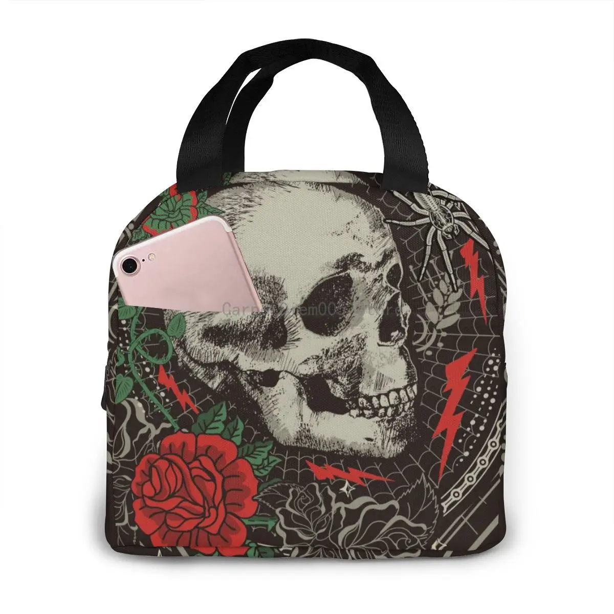

Insulated Lunch Bag Thermal Gothic Skull And Roses Tote Bags Cooler Picnic Food Lunch Box Bag For Kids Women Girls Men Children