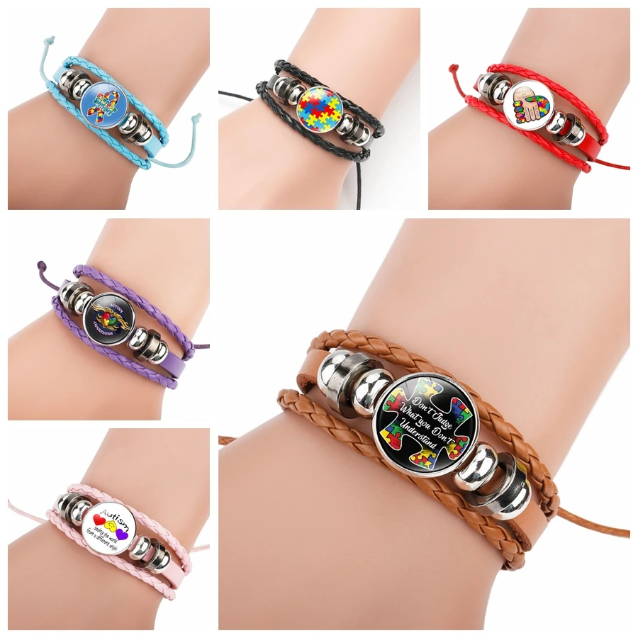 

WG 1pc Autistic Children's Gift Adjustable Hand-woven Leather Bracelet AUTISM MOM Puzzle Bracelet Bracelet Jewelry