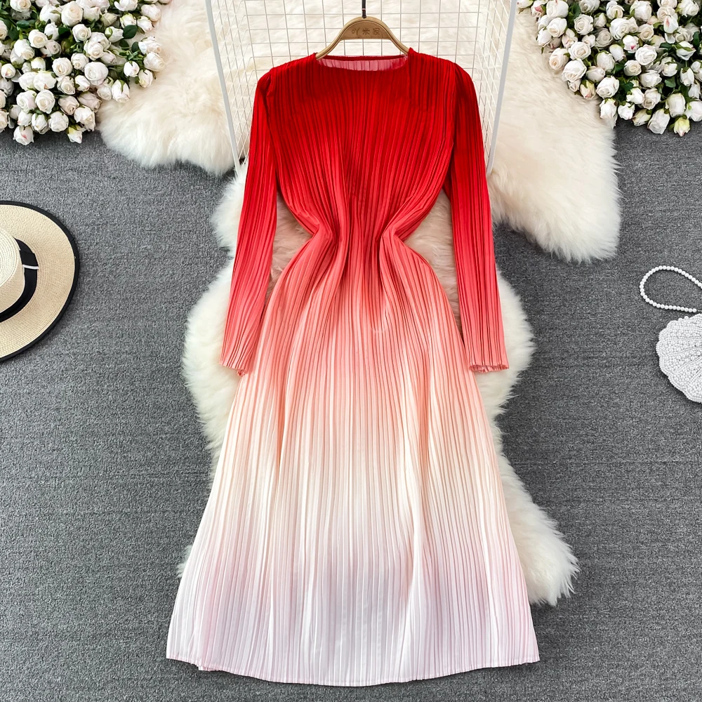 Spring European and American Round Neck Sleeveless Waist Slim Mid-length Gradient Color A-line Pleated Dress