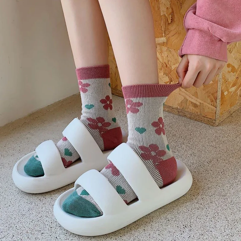 6 Pairs Fruit Embroidery Women Socks Cute Cartoon Animals Winter Long Socks Japanese Fashion Cotton Socks Street Style Luxury