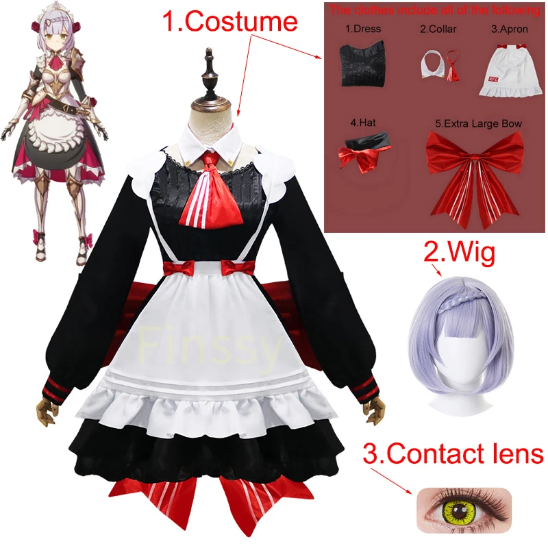 

Genshin Impact Noelle Cosplay Costume Halloween Carnival Lolita Maid Uniform Hat and Large Bow