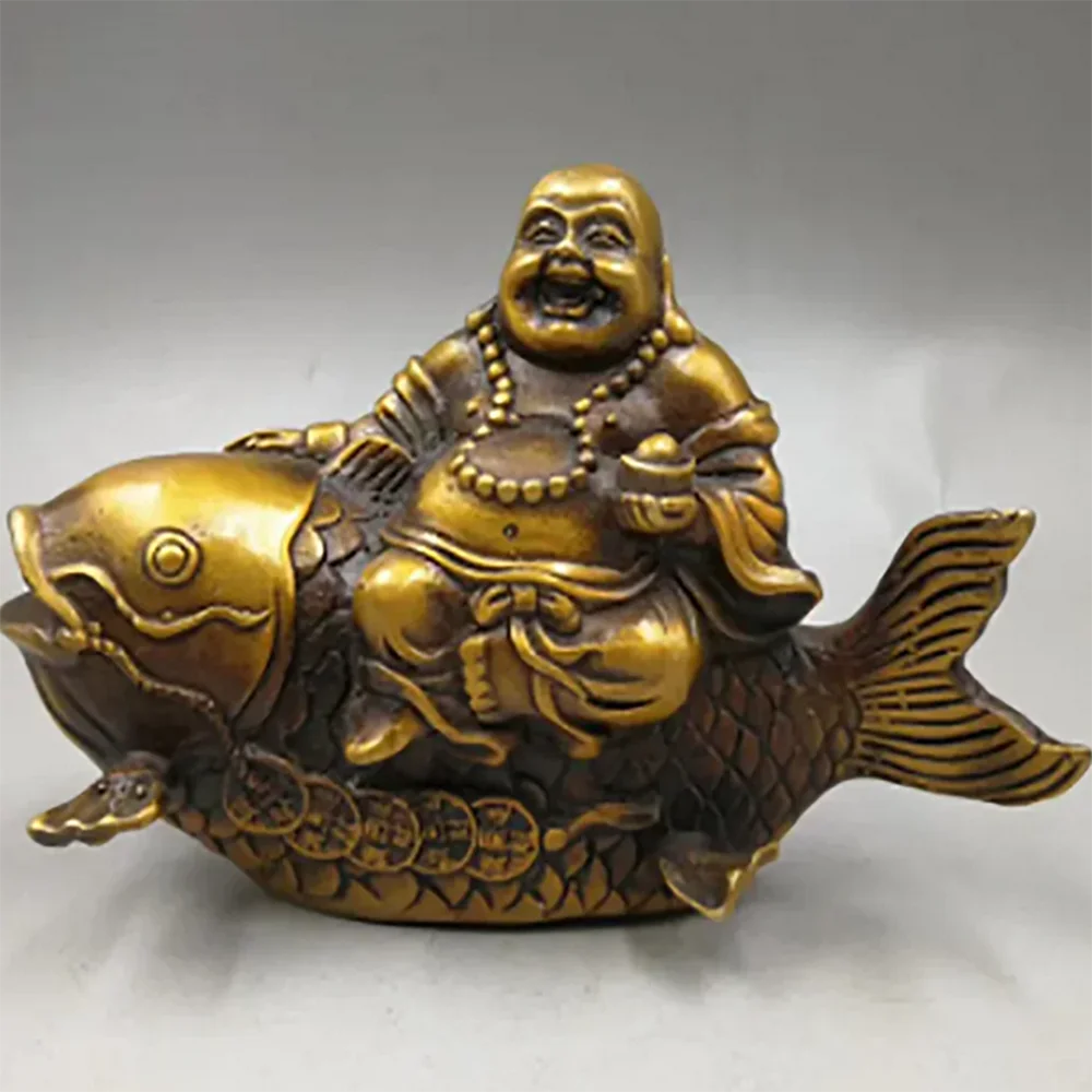 6 дюймов Тибет Медь Латунь Животное Богатство Рыба удачи Майтрейя Будда