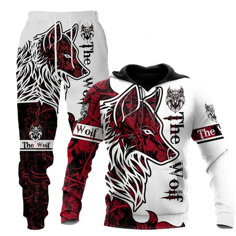 Autumn Winter Casual Sweashirts Forest Wolf 3d Printed Hoodie Suit Male Sweatpants Men Tracksuit Set Fashion Men's s Men's Hoode