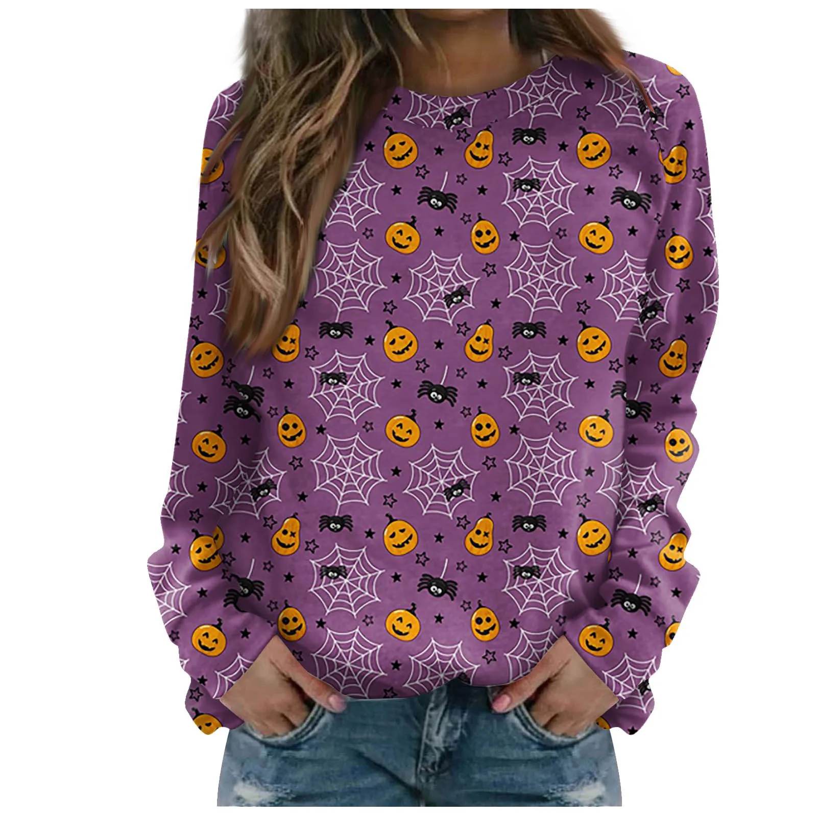 

T-Shirt Women Festival Halloween Pumpkin Head Spider Net Printed Round Neck Casual Clubs Simple T-Shirt Women T-Shirt Camisetas