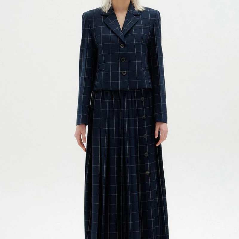 

Women Preppy Style Pleated Plaid Midi Skirt Single Breasted High Waist Female Jupe