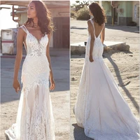 lace embroidery mermaid wedding dress 2022 gorgeous v neck sleeveless backless sweep train luxury bride gown vestidos de noiva