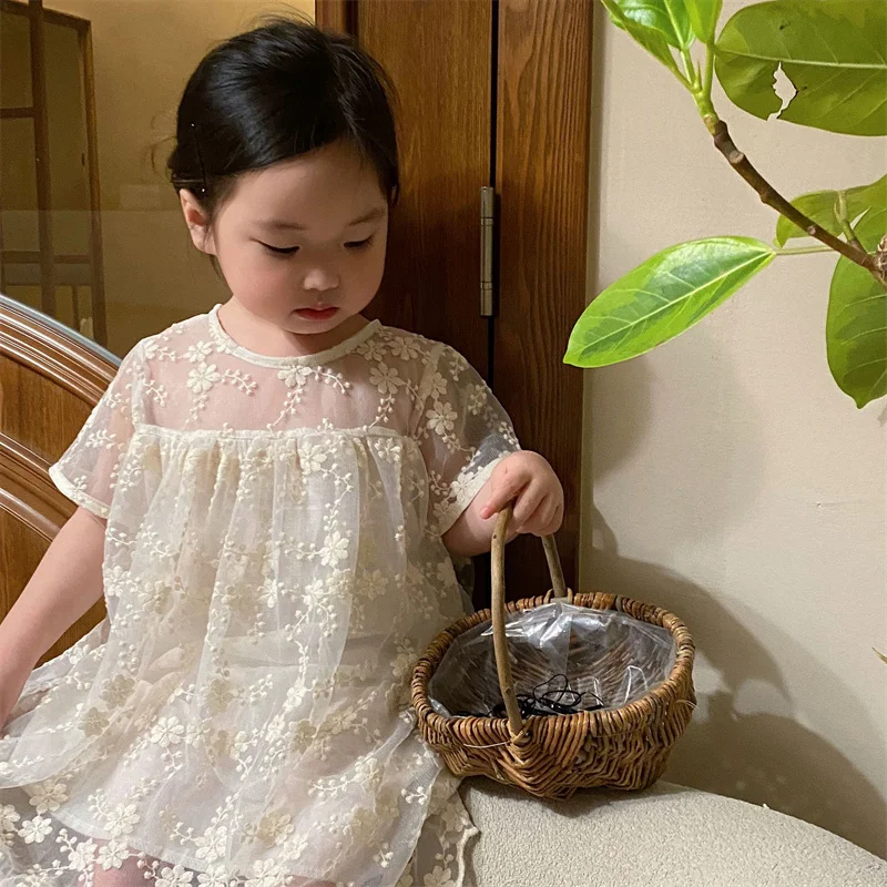 

Girl Dress Kids Skirts Spring Summer Cotton 2022 Beige Flower Girl Dress Party Evening Gown Beach Outdoor Children Clothing