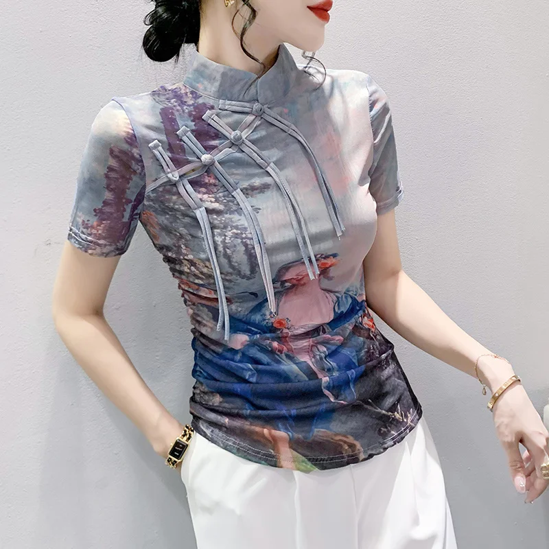 # 5709 Летняя футболка женская с воротником-стойкой винтажная узкая сетчатая