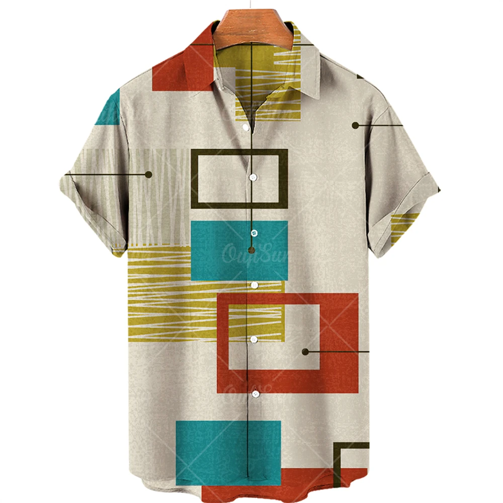 2023 Summer Vintage Men's Hawaiian Shirt Short Sleeve Stripe Printed Shirts For Men Single Button Beach Tee Shirt Men Clothing