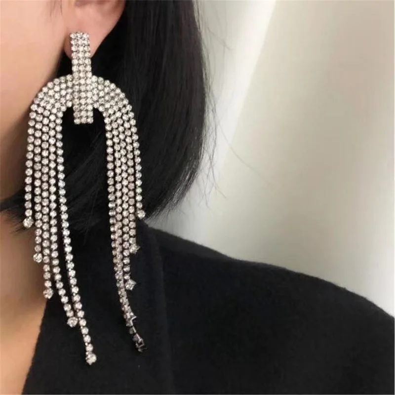 

2022 fashion long tassel Rhinestone women's Pendant Earrings oversized geometric crystal pendant earrings statement jewelry