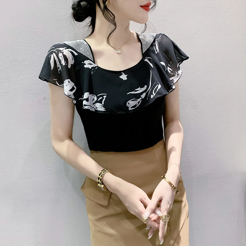 

Женская футболка с оборками, повседневная Блестящая футболка с коротким рукавом, модель 2023 в европейском стиле на лето, 36049