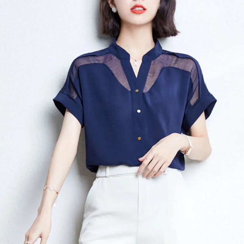 

Women Summer Elegant Chiffon Shirt Urban Fashion Loose Solid Office Wear Pullovers Women's Lace V Neck Short Sleeve Blouses 2022