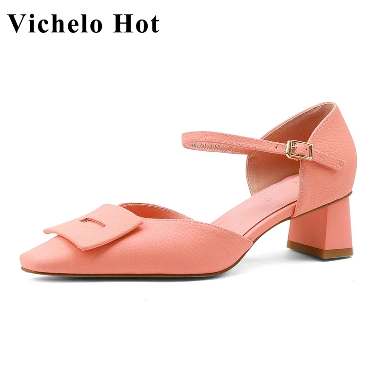

Vichelo Hot 2022 New Arrival Full Grain Leather Square Toe Med Heel Shallow Beauty Lady Daily Wear Buckle Strap Women Pumps L61