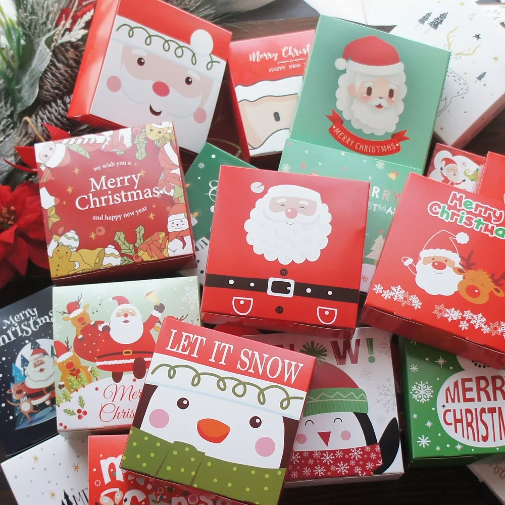 

14*14*5cm 10pcs Red Green Blue White Christmas Santa Claus Elk Penguin Paper Box Cookie Candy Sweet Party Gift Packaging