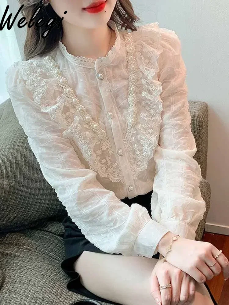 Женские французские ретро-топы Осенние милые универсальные нишевые кружевные