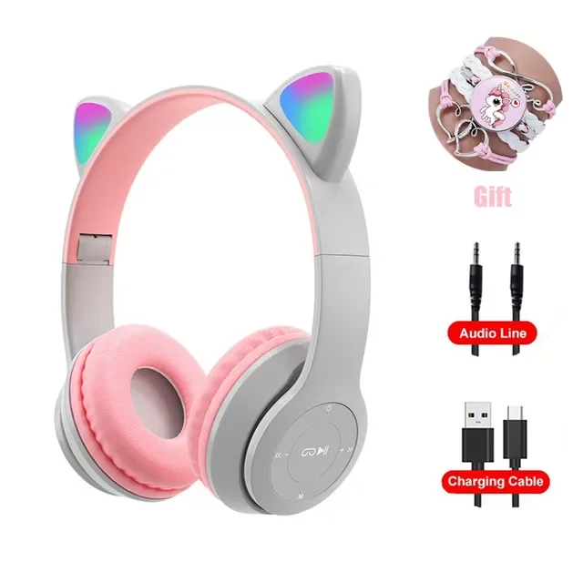 

Pink Girl Wireless Headphones RGB Cute Cat Ears Headset With Microphone Noise Cancelling Kid Stereo Music casco Children's G