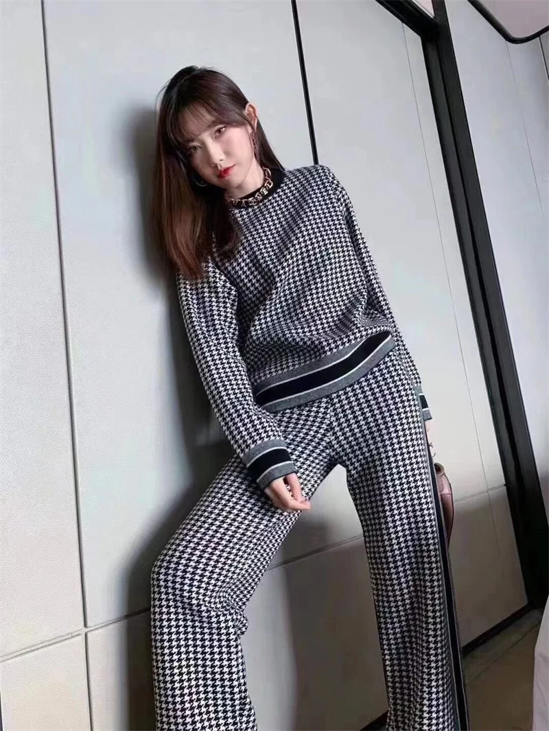 

Autumn Winter New Houndstooth Wool Knitted Lace LetterJacquard Top Loose Long-sleeved Trousers Two-piece Set Soft Knitted D941