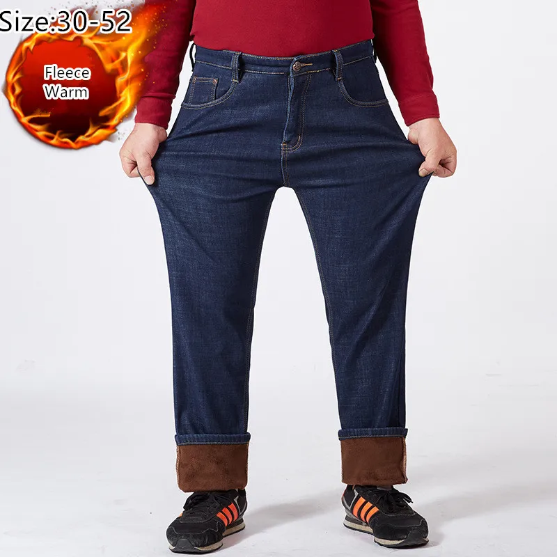 High Waist Men Jeans 150KG Thicken Loose Straight Plus Size 52 Fleece Warm Dad Denim Winter Stretched Trousers Male Large Pants