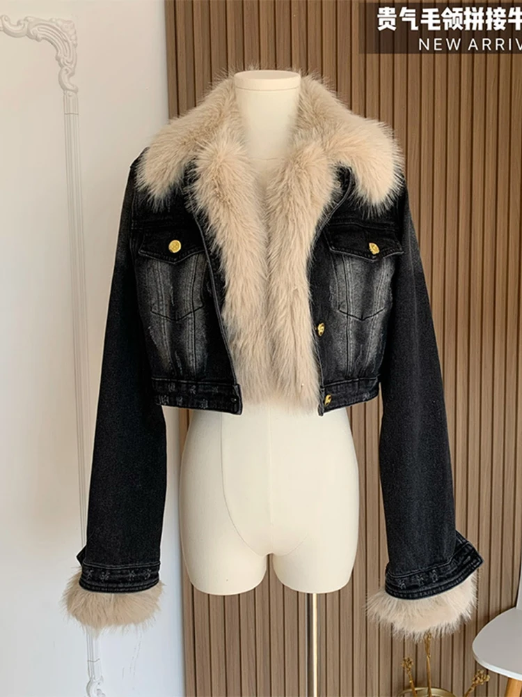 Autumn Winter Women Long Sleeve Jean Jacket Denim Patchwork Faux Fur Turn-down Collar Coats Design Outwear Vintage Office Lady
